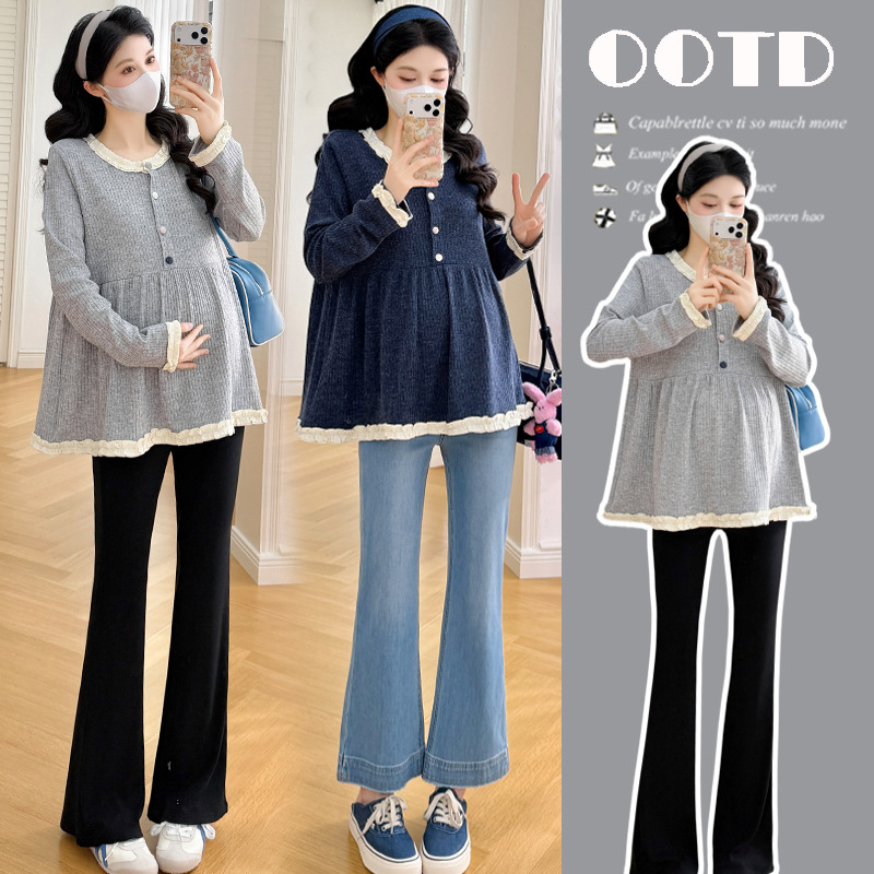 Loose and stylish round-neck, ruffled, patchwork maternity top for autumn and winter, versatile and slimming, Korean style