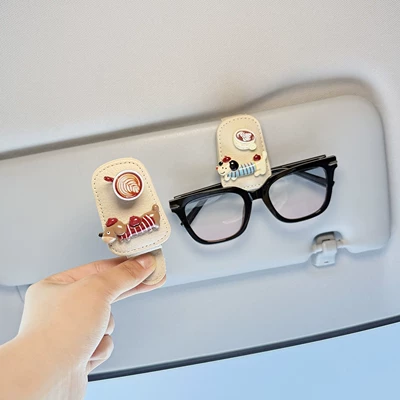 Visor Glasses Holder, Cute Dachshund – Car Glasses Clip/Bill Clip - blue-striped-dachshund-red-striped-dachshund-coffee-cup-2-pieces-in-off-white-color
