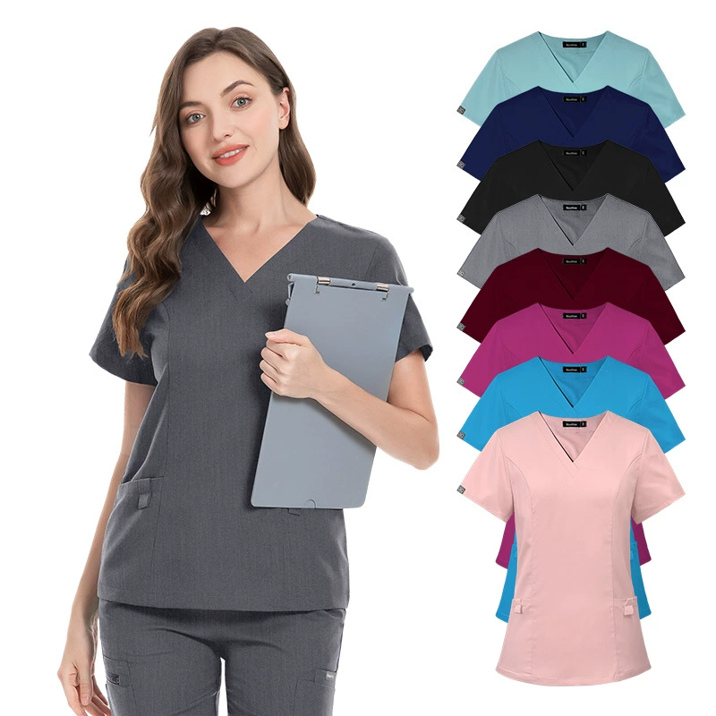 Amazon стрейч хирургическое платье с V-образным вырезом и коротким рукавом больница Униформа костюм темно-синий корейский стиль ручная стирка одежда оптом