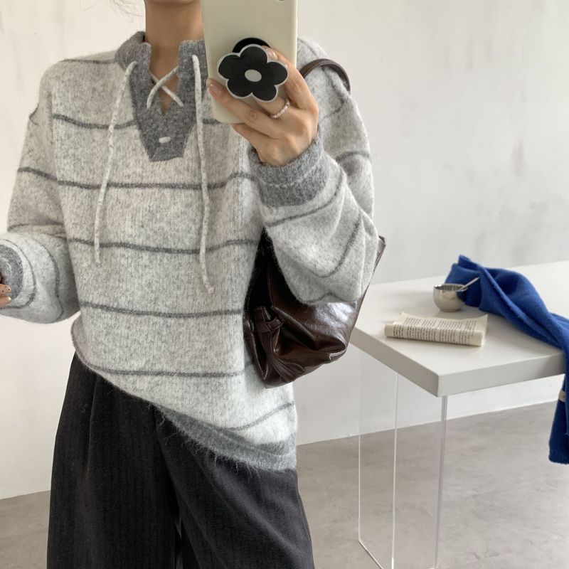 秋冬新款毛衣女2025韩系撞色条纹休闲手工穿绳慵懒风系带针织上衣|undefined