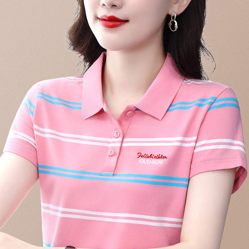纯棉女士休闲短袖t恤女条纹翻领t恤女中年妈妈条纹polo衫女显瘦