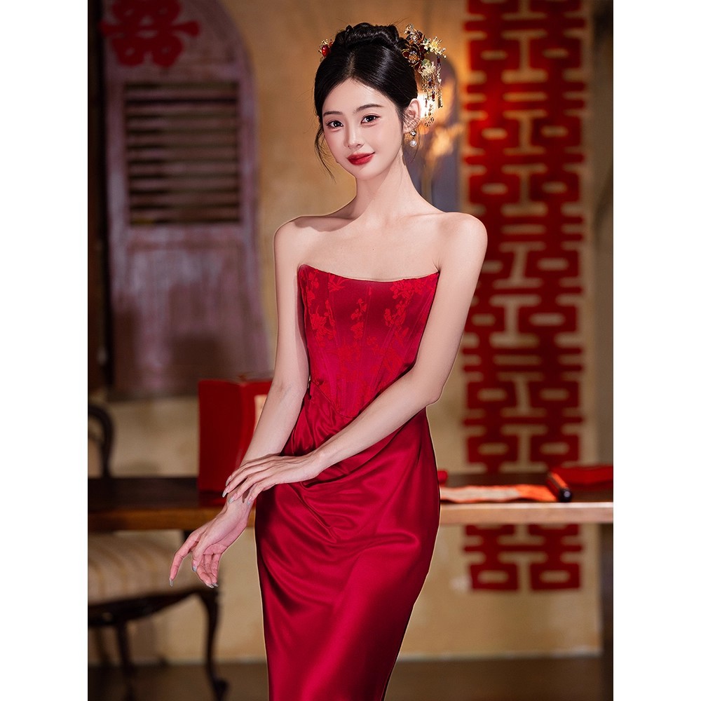Tube Top Engagement Dress for Women, High-End Light Luxury Niche Style, New Spring and Autumn Model, New Chinese Style Toast Dress, Morning Gown, Bride's Homecoming Banquet