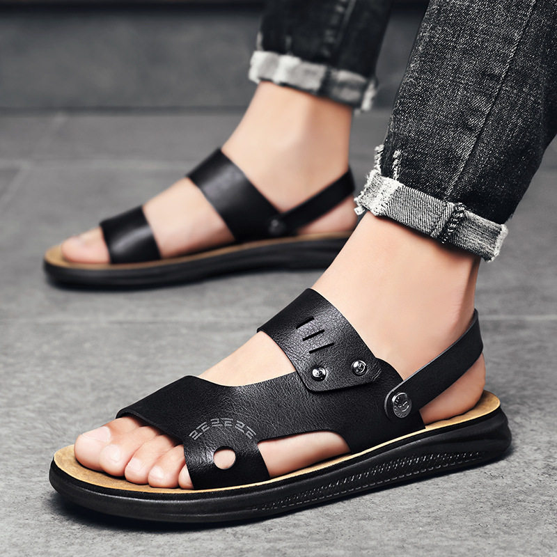 Dép sandal nam hở ngón quai ngang chất liệu da PU chống trơn trượt, size lớn đi ngoài trời và đi biển — Màu nâu, Màu đen