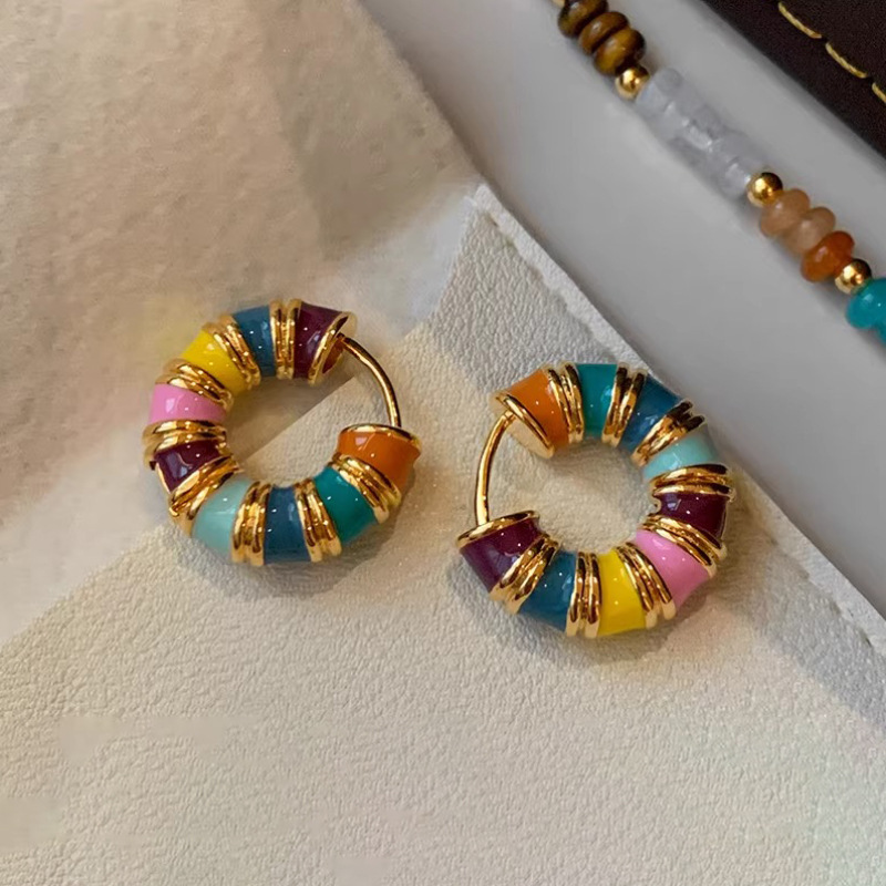 Retro color enamel drop glaze circle earrings female niche unique exquisite 925 sterling silver needle earrings 2023 New