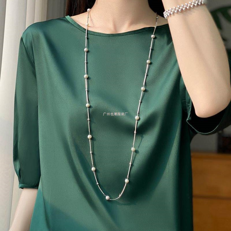 Clearance Silk Blouse with Five-Quarter Sleeves for Women, Loose Satin T-Shirt, Summer Round Neck, Mulberry Silk Short Sleeve, Pink Clearance Silk Blouse with Five-Quarter Sleeves for Women, Loose Satin T-Shirt, Summer Round Neck, Mulberry Silk Short Sleeve, Pink