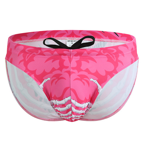 European and American sexy swimming trunks, men's triangle swimming trunks, low-waisted rope beach swimming trunks, quick-drying ice silk nylon printed shorts