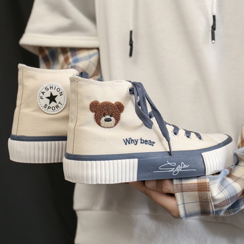Zapatillas de lona de caña alta estilo coreano con diseño de oso para estudiantes, calzado vulcanizado casual, zapatillas individuales, zapatillas blancas para mujer G61