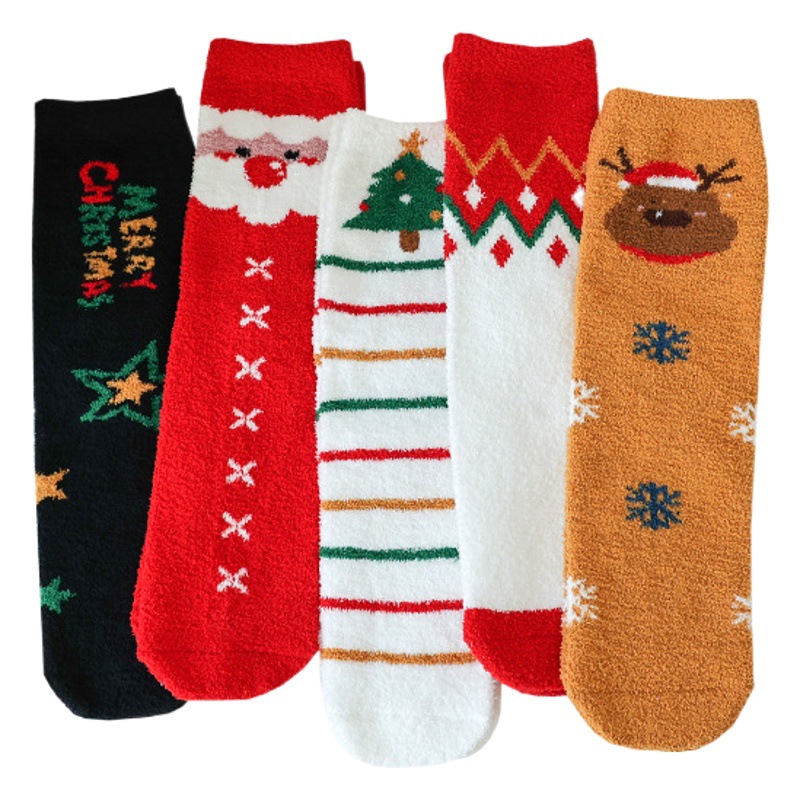 Calcetines de Navidad otoño e invierno nuevo mediados de la pantorrilla recta árbol de Navidad calcetines de terciopelo bilateral dulce damas piso de casa calcetines de Navidad