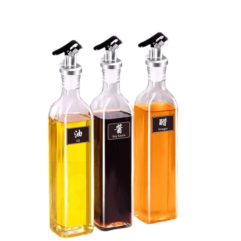 Botella de aceite de vidrio cuadrada actualizada con tapón sellado a prueba de fugas no colgante botella de aceite de cocina salsa de soja frita condimento doméstico