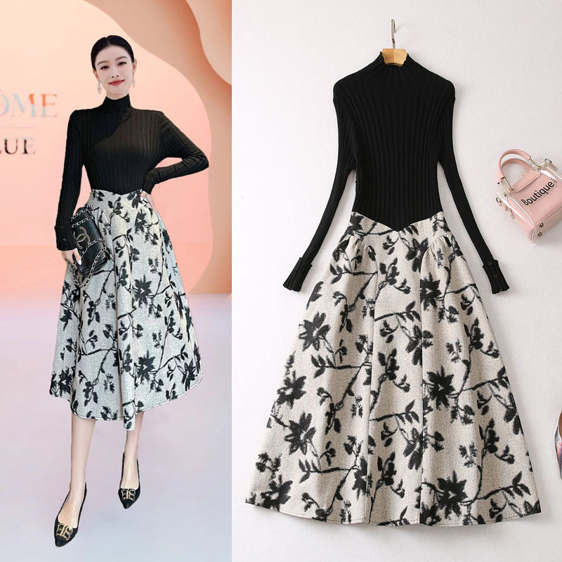 Cross-border delivery foreign trade women's clothing Ni Ni star same style woolen sweater stitching jacquard cotton socialite dress dress