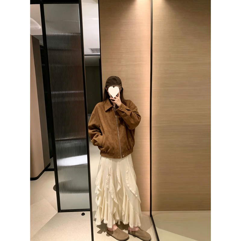 复古麂皮外套女长袖简约春秋新品新款美拉德风宽松机车服夹克棕色