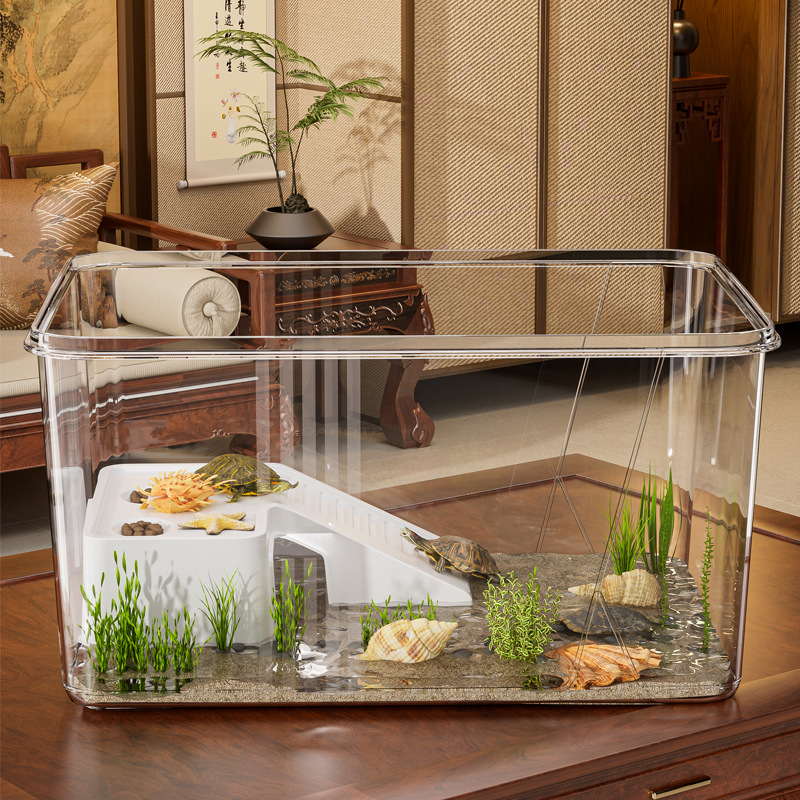 乌龟缸带晒台家用透明塑料鱼缸桌面高透水族箱小型生态金鱼缸养殖