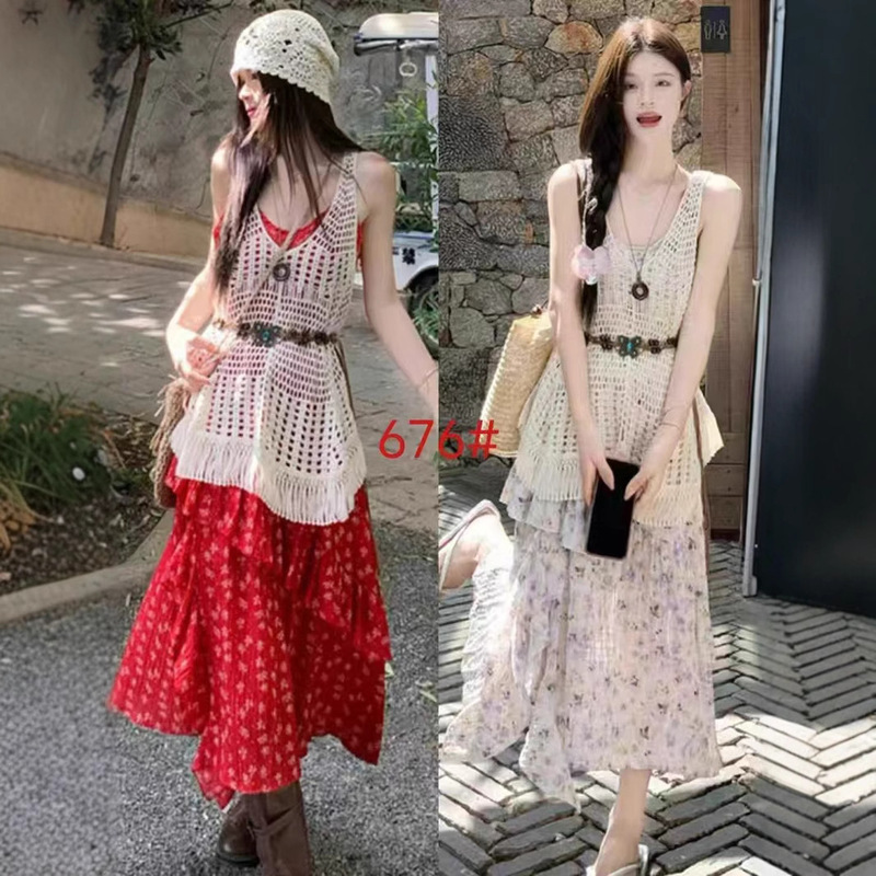 Suit Skirt, Hollow-Out Tassel Blouse, Vest, Layered Floral Suspender Dress, Women's Summer Set, Complete Set for Seaside Vacation