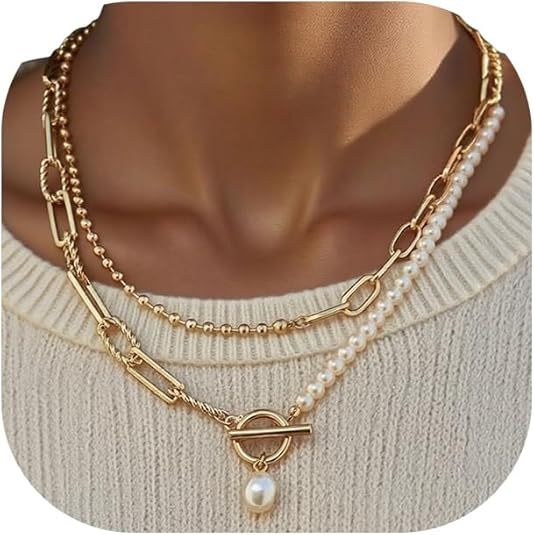 European and American Cross-Border Fashion Jewelry Imitation Pearl Pendant Layered Necklace Metal Chain Splicing Ot Buckle Long Necklace