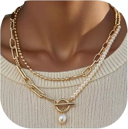 European and American Cross-Border Fashion Jewelry Imitation Pearl Pendant Layered Necklace Metal Chain Splicing Ot Buckle Long Necklace