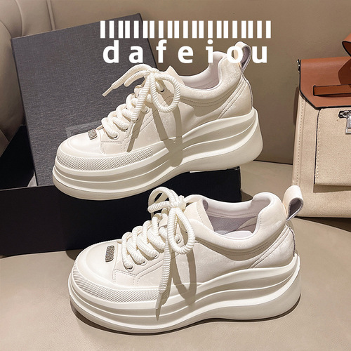 dafeiou European Station Genuine Leather White Shoes Women's 2024 Spring New Thick-Soled Casual Lace-up Comfortable Sneakers