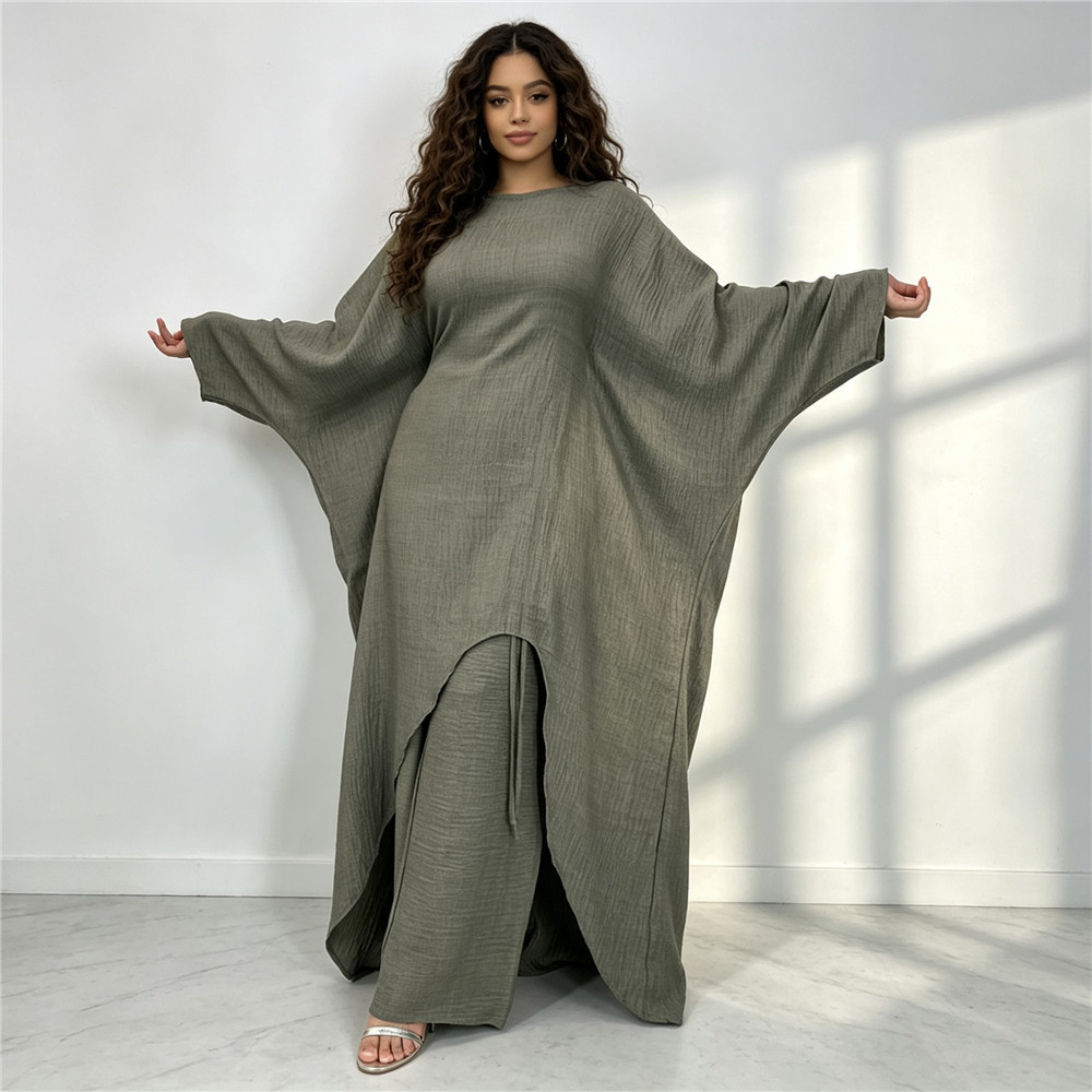 2026 New Cross-Border Solid Color Bat Sleeve Top with Inner Waistband + Wide-Leg Pants Set 6753+1909