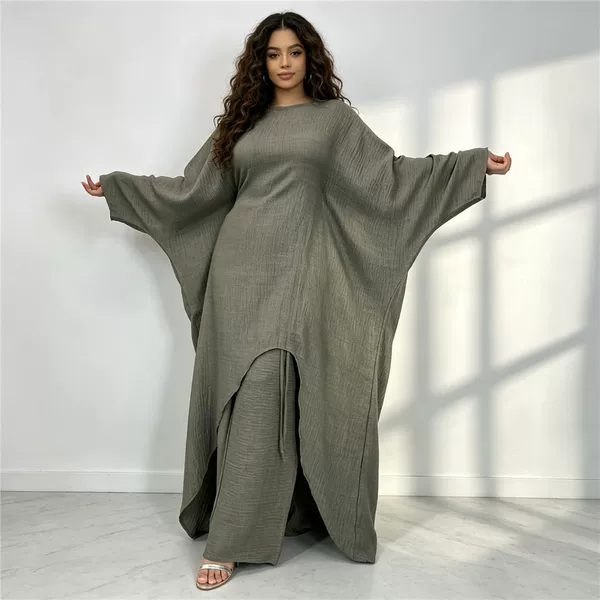 2026 New Cross-Border Solid Color Bat Sleeve Top with Inner Waistband + Wide-Leg Pants Set 6753+1909