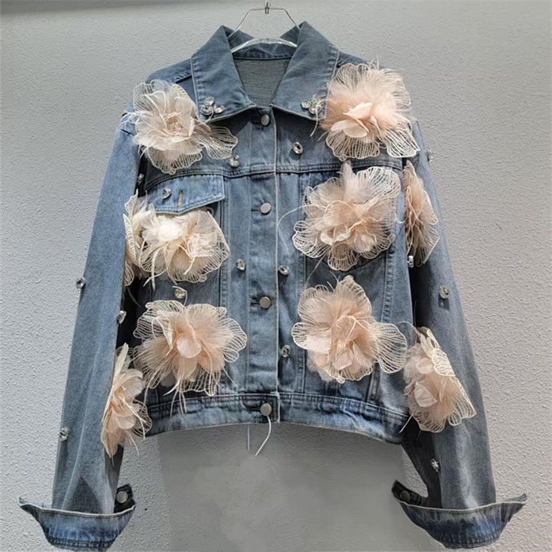 2026 primavera Han Fan lujo ligero temperamento dulce extranjero con solapa industria pesada chaqueta denim de flores de moda
