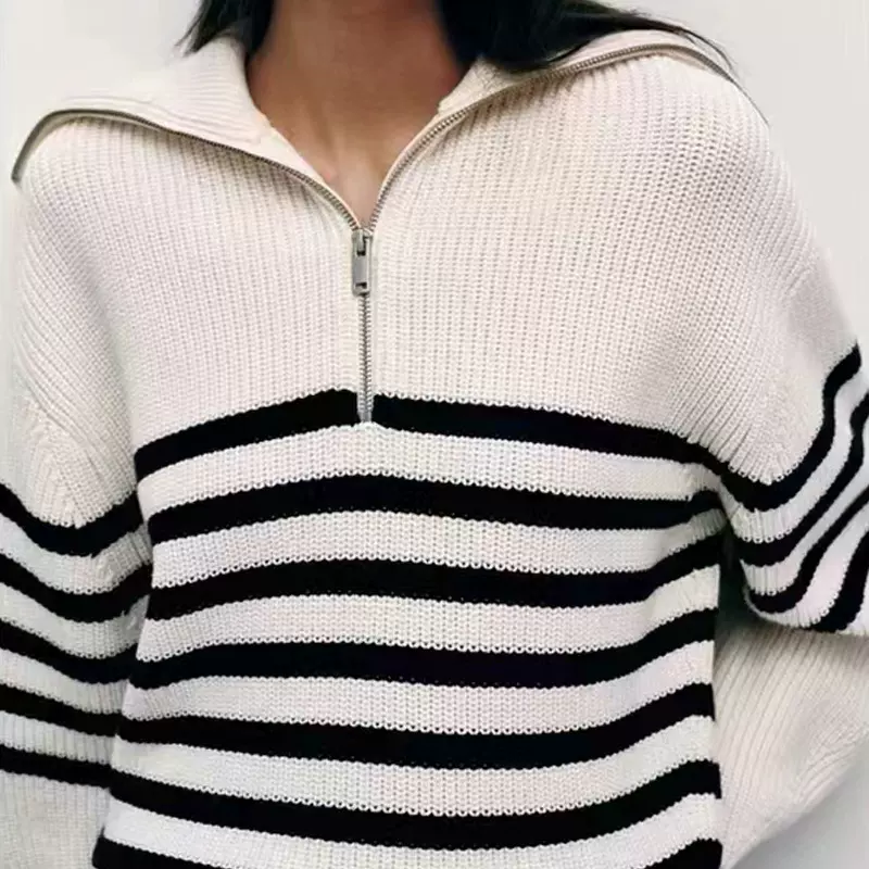 日韩大码女装翻领拉链针织衫毛衣女2024秋冬条纹慵懒风宽松外套潮