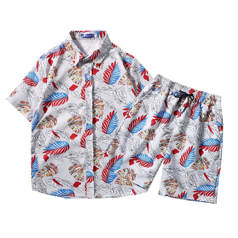 Men's Tropical Print Short Sleeve Shirt And Shorts Set, Quick-Dry Hawaiian Beach Outfit, Matching Couple Vacation Two-Piece Set​_viptrois.com