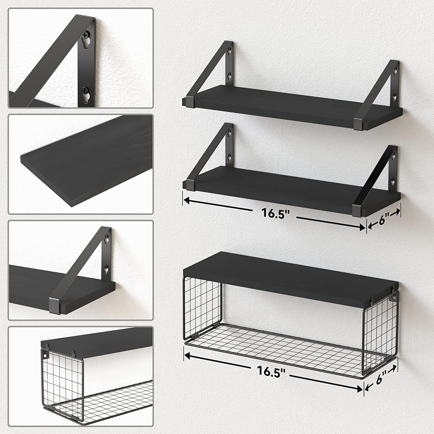 Estante flotante montado en la pared con canasta de almacenamiento, canasta, toallero, estante de metal, cocina, baño, estante de almacenamiento de madera image 1