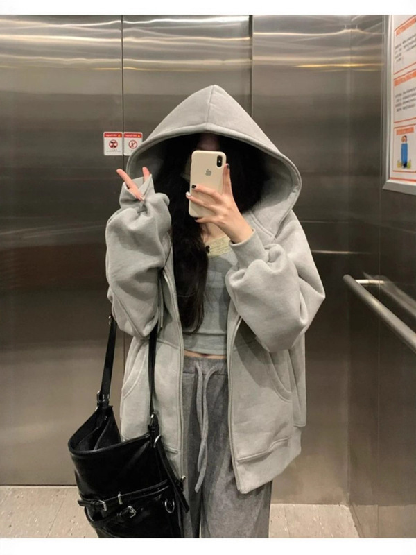 灰色连帽开衫卫衣女拉链休闲宽松oversize慵懒风外套秋冬季|undefined