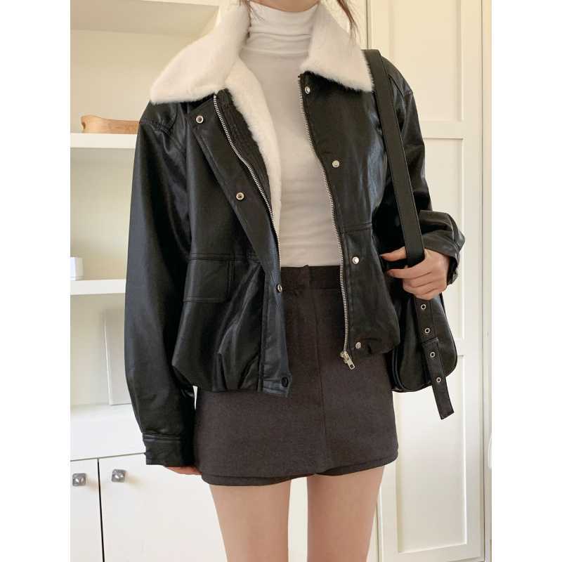 Korean Style Winter Fur Lapel Fleece-Lined Thickeneded Warm Hong Kong Style Fashionable Short Motorcycle Jacket Pu Leather Jacket Short Jacket for Women
