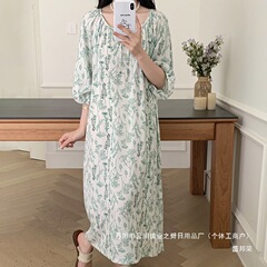 厂家直销新中式国风棉绸睡裙女夏季薄款宽松垂感短袖圆领人造