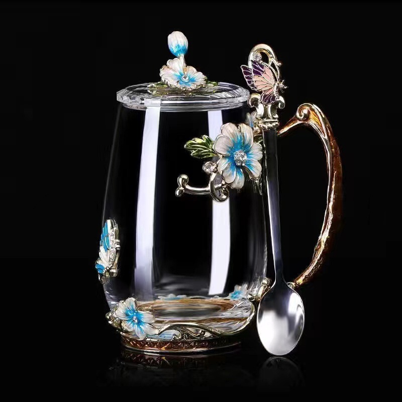 花茶杯礼咖啡杯早餐牛奶批发会销珐琅彩女圆形家用玻璃水杯果汁杯|undefined