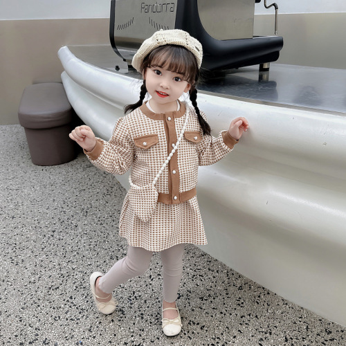 Girls' Autumn Korean Cute Little Fragrance Wind Bags, Small Check Cardigans, Sweet Dresses, Three-Piece Sets