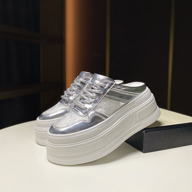 European Goods 2024 Autumn New Item Thick Bottom Leather Toe Cover Half Women's Lace Hollow Breathable Lazy Cool_voghion.com