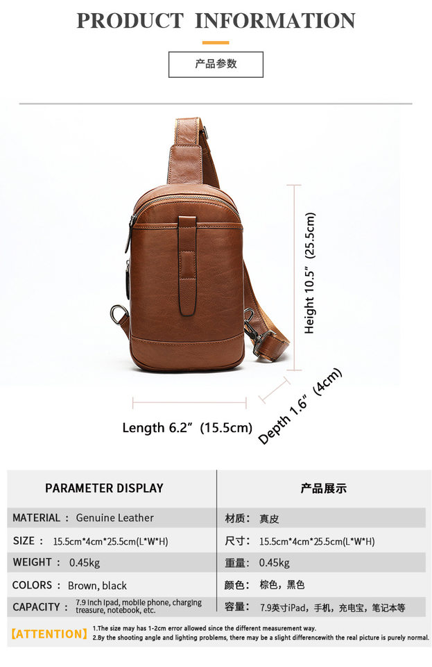 Túi đeo chéo nam đeo ngực da bò lớp đầu 17×5×30,5 cm — 20202 màu đen, 698 màu đen, Cà phê 698, 9011 màu đen chi tiết 9