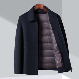 秋冬加厚羊毛大衣男外套中老年行政夹克翻领爸爸装呢内胆鸭绒短款