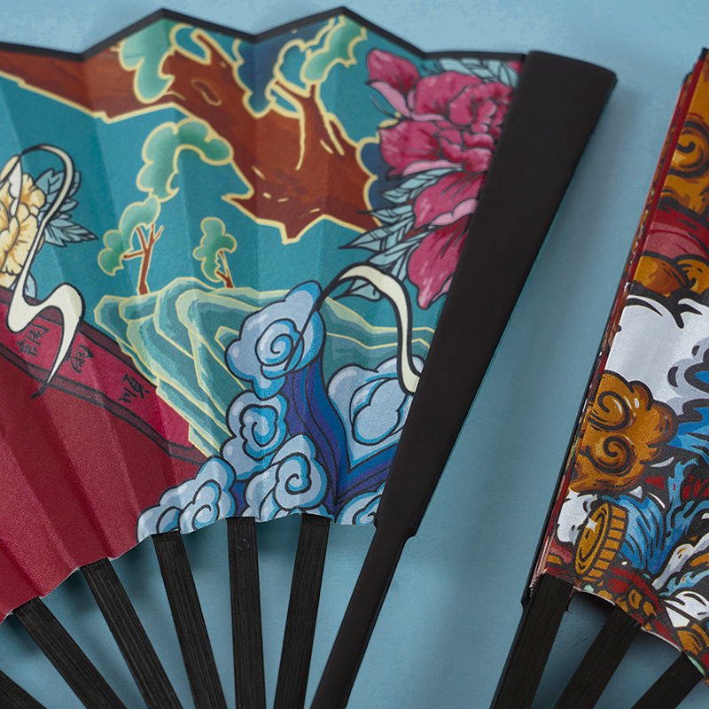 Double-sided silk folding fan, Internet celebrity bar, disco cartoon, trendy language, national trend, ancient style fan, bamboo 10-inch folding fan for men and women