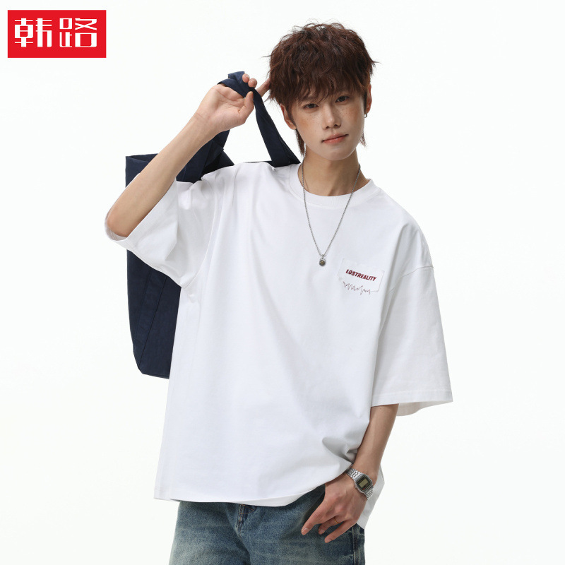 Patchwork Color-Block Letter Appliqué Embroidered Short-Sleeve T-Shirt for Men, Summer Pure Cotton Loose Texture Casual Half-Sleeve Tee Shirt