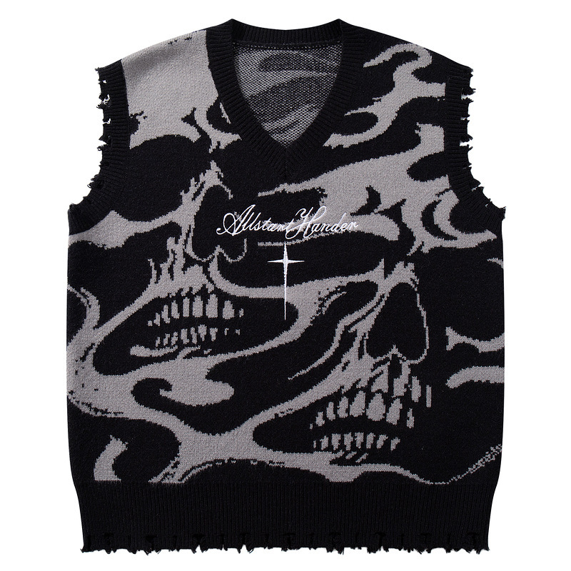 Original Trendy Dark High Street Skull Jacquard Design Sleeveless Sweater Men's Knitwear Trendy Original Trendy Dark High Street Skull Jacquard Design Sleeveless Sweater Men's Knitwear Trendy