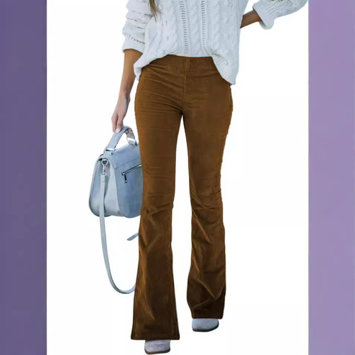 Summer and Autumn Women's Solid Color High-Waisted Tapered Relaxed Flared Corduroy Elastic Waist Casual Pants