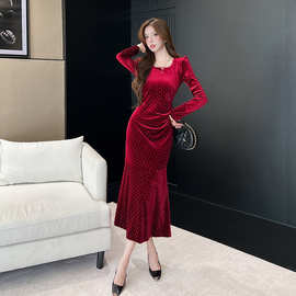 2025韩彼秋季长袖新款金丝绒长裙包臀连衣裙小单快返定/制可优惠
