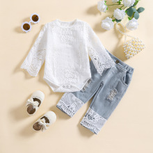 童装长袖网纱哈衣套装 牛仔裤女童两件套