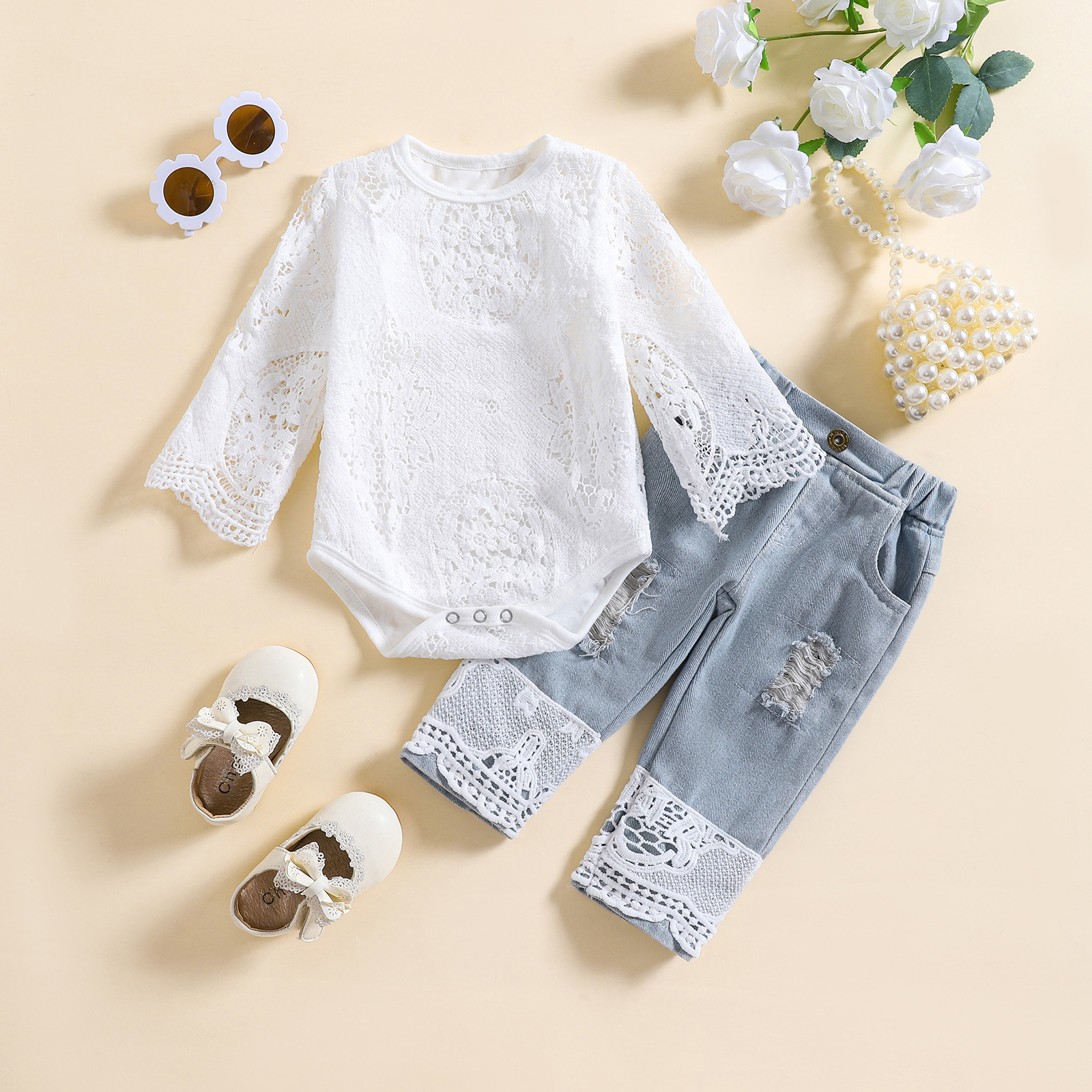 童装长袖网纱哈衣套装 牛仔裤女童两件套