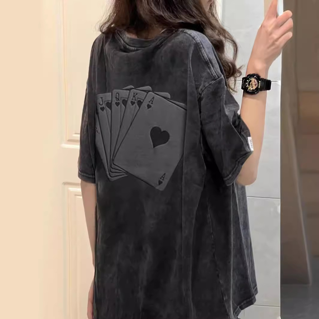 Americano Retro lavado viejo moda marca poker dados Mahjong espuma impresa Camiseta de manga corta de los hombres y las mujeres de la camiseta de la moda