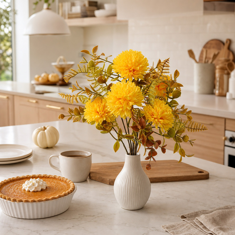 Autumn artificial chrysanthemum bouquet, artificial flowers for Thanksgiving, floral arrangement props for creating an autumnal atmosphere