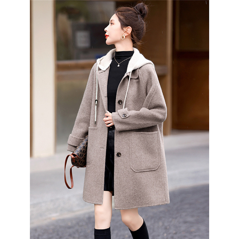 Japanese and Korean in stock 2024 Fall/Winter Small Casual Hooded Double-Sided Neoni Coat Women's Mid-Long Long Sleeve Wool Coat
