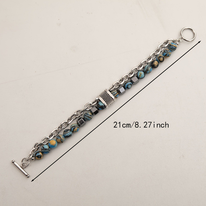 1pcs天然石不锈钢双层方形黑磁石串珠手饰适合男士日常佩戴