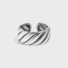 397欧美纯银S925戒指个性潮流时尚复古设计条纹开口指环女食指戒