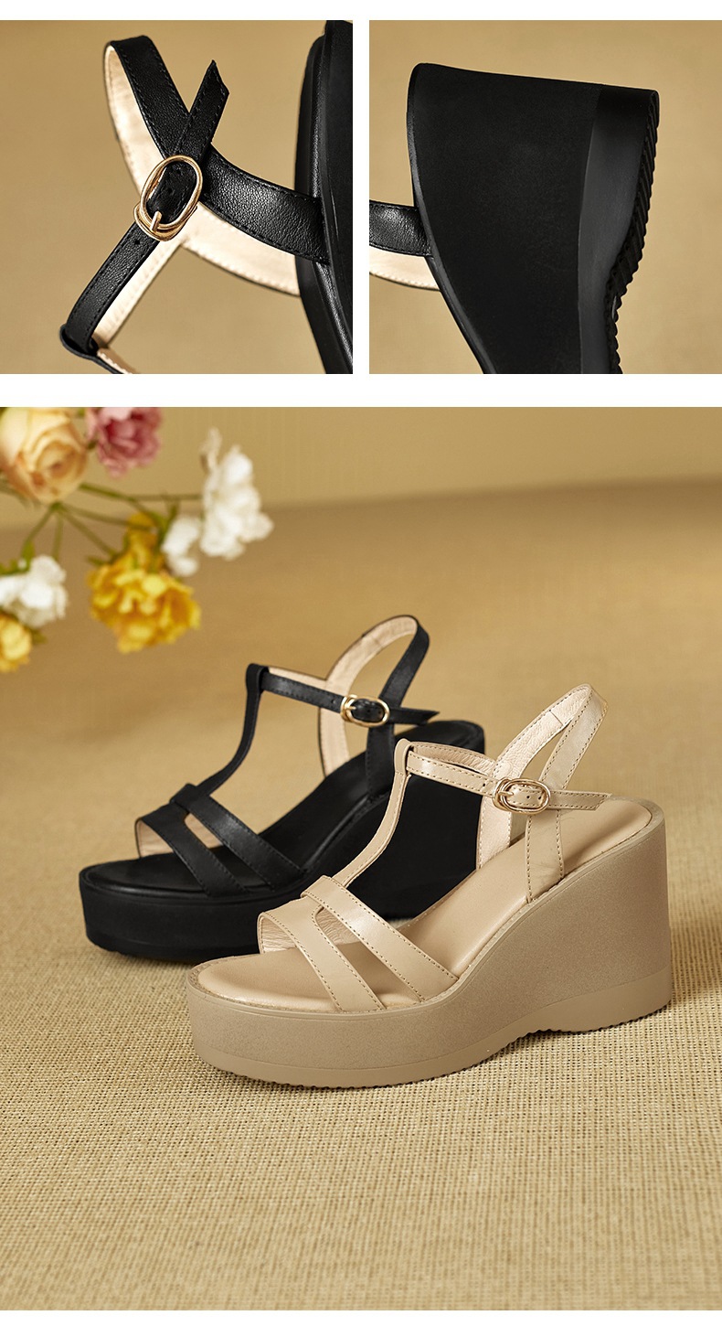 Sandal cao gót nữ mũi hở đế xuồng da bò, quai chữ T đơn giản, gót 9 cm — đen chi tiết 8