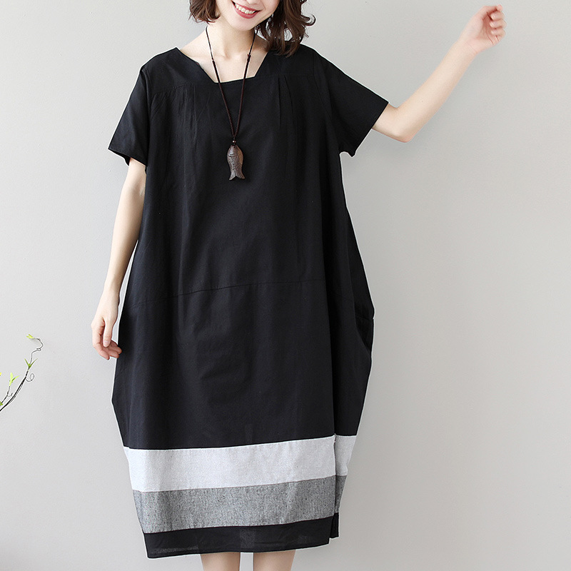 Real shot 2024 summer new Korean style plus size loose stitching striped cotton and linen short sleeve dress women's clothing long