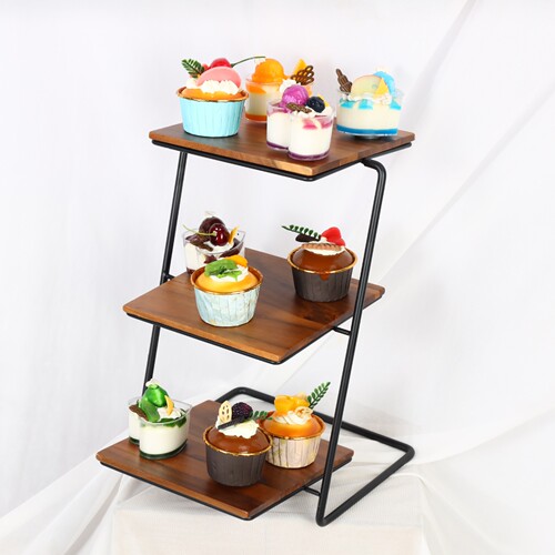 Three-layer iron storage rack, acacia wood tray, cake dessert tray, tasting plate, fruit ornaments, afternoon tea display stand