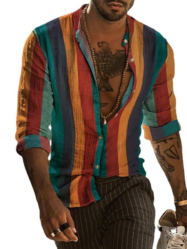 Camisa de los hombres cuello a rayas calle hebilla diaria impresa camisa de manga larga moda casual transpirable forro de los hombres